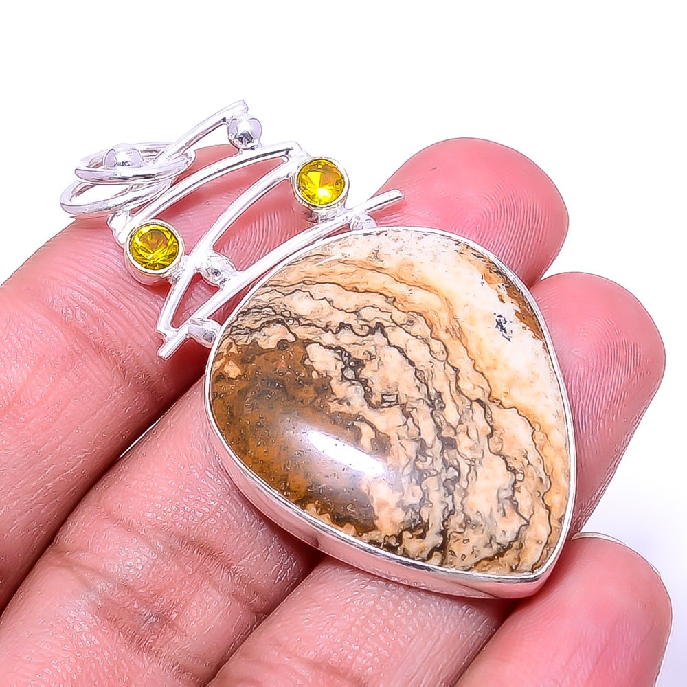 Picture Jasper – Oregon & Citrine Designer 925 Sterling Silver Pendant 2.11″ P32