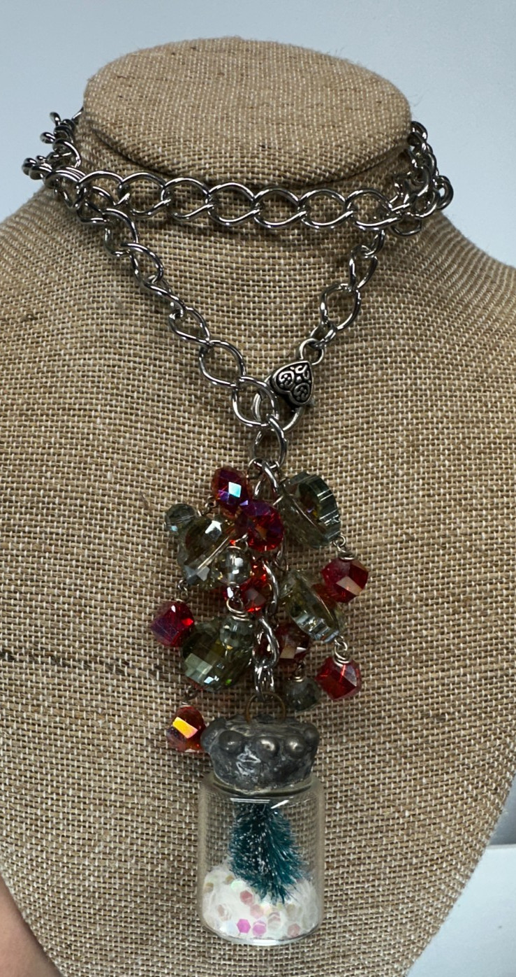 Necklace Mixed Media Whimsy Christmas Tree Snow Globe Pendant Assembledge