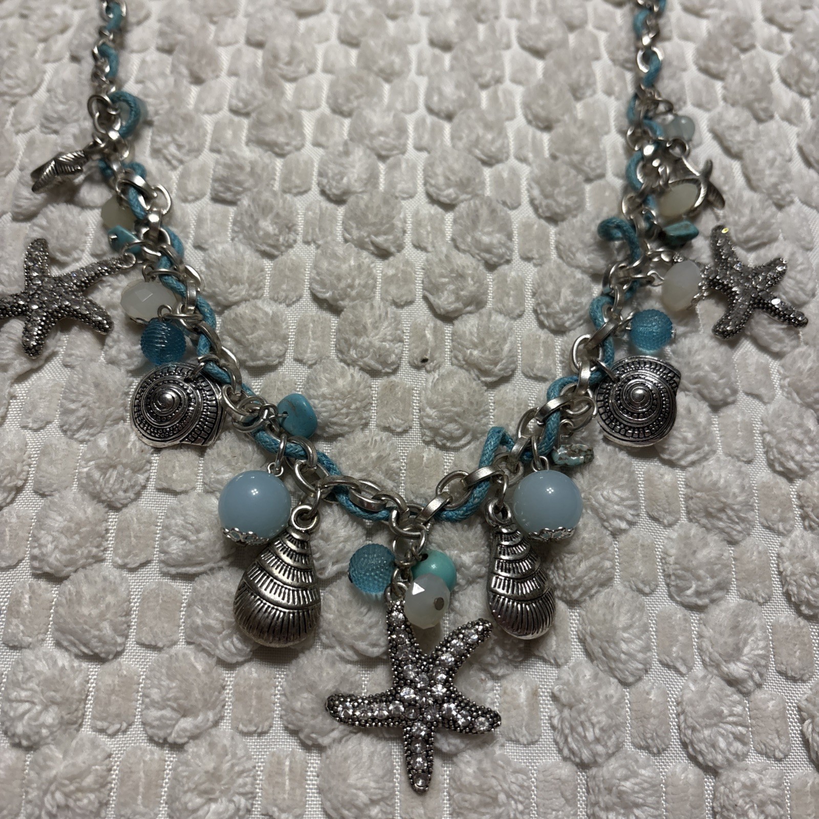 Seashore Necklace In Silver Tone- 20” sparkling starfish, blue beads seashells ￼