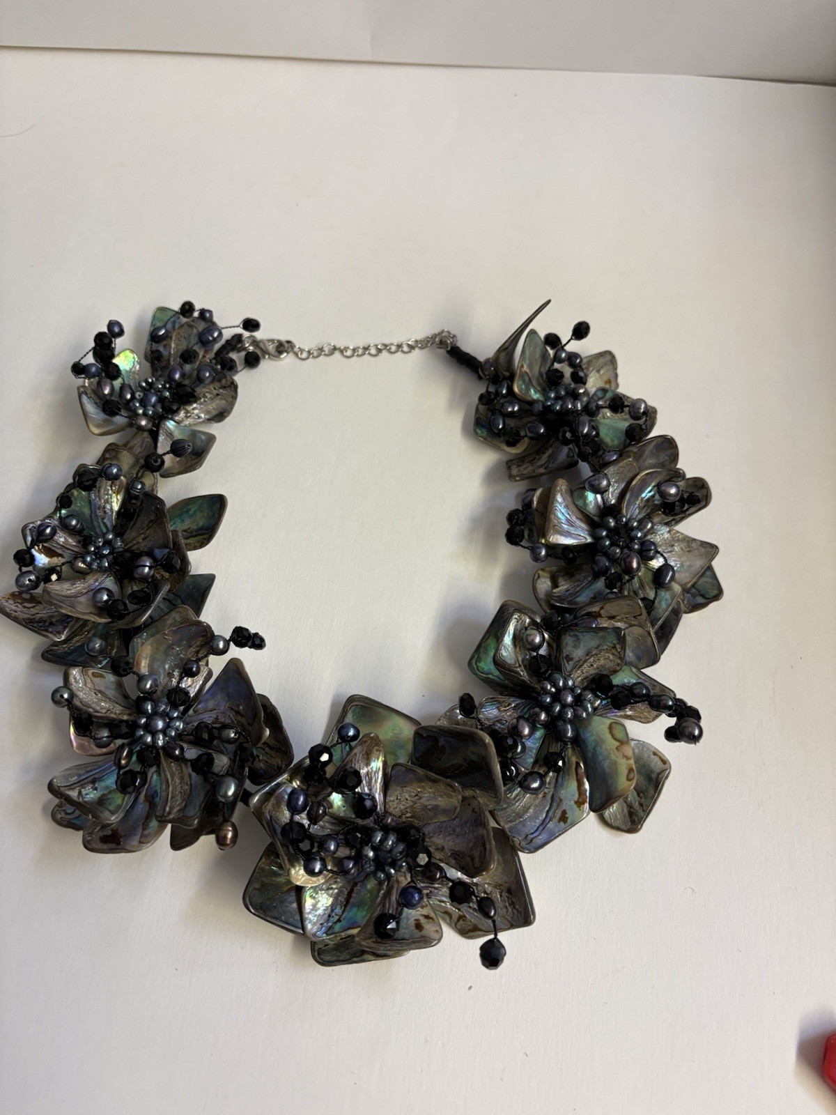 Choker Statement Necklace Floral Pattern Iridescent Petals Black Beads