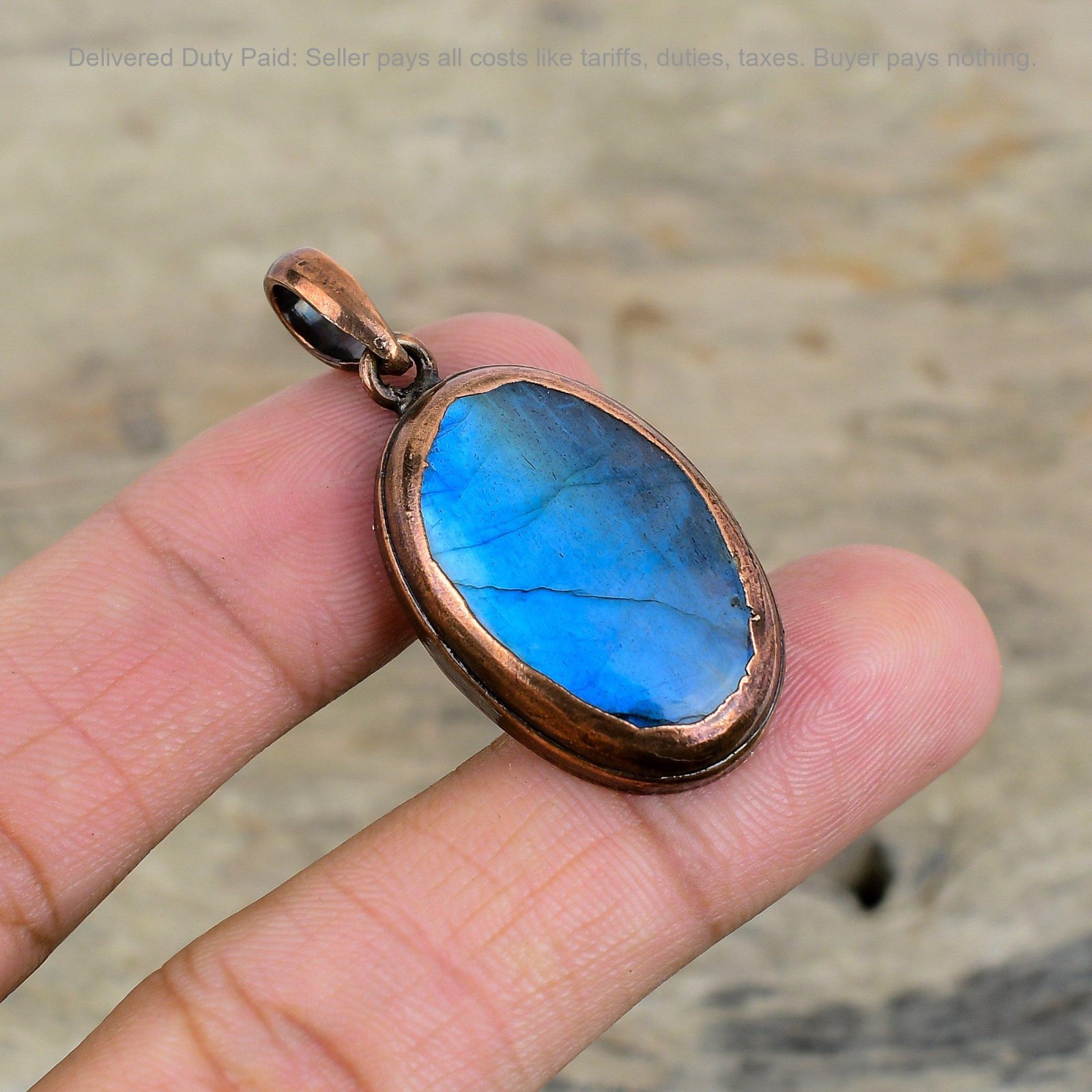 Black Friday Sale Copper Oval Natural Labradorite Ethnic Electroformed Pendant