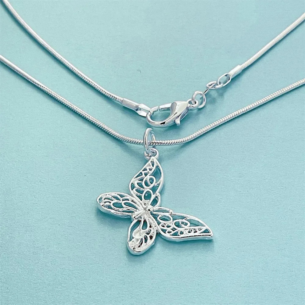 925 Sterling Silver K-pop Style Butterfly Necklace, with Snake Chain