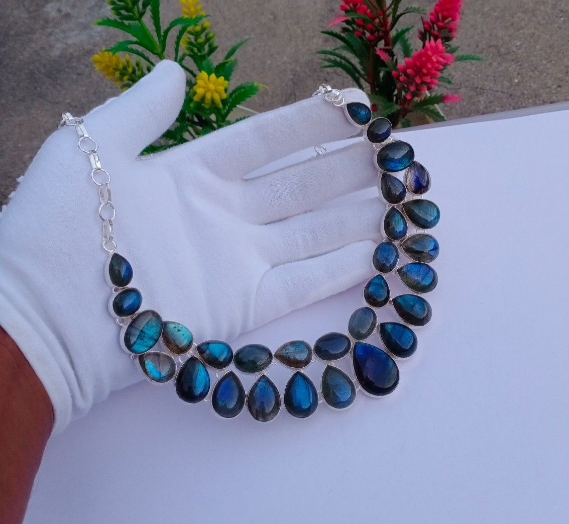 Natural Labradorite Gemstone Necklace 925 Sterling silver Handmade Jewelry