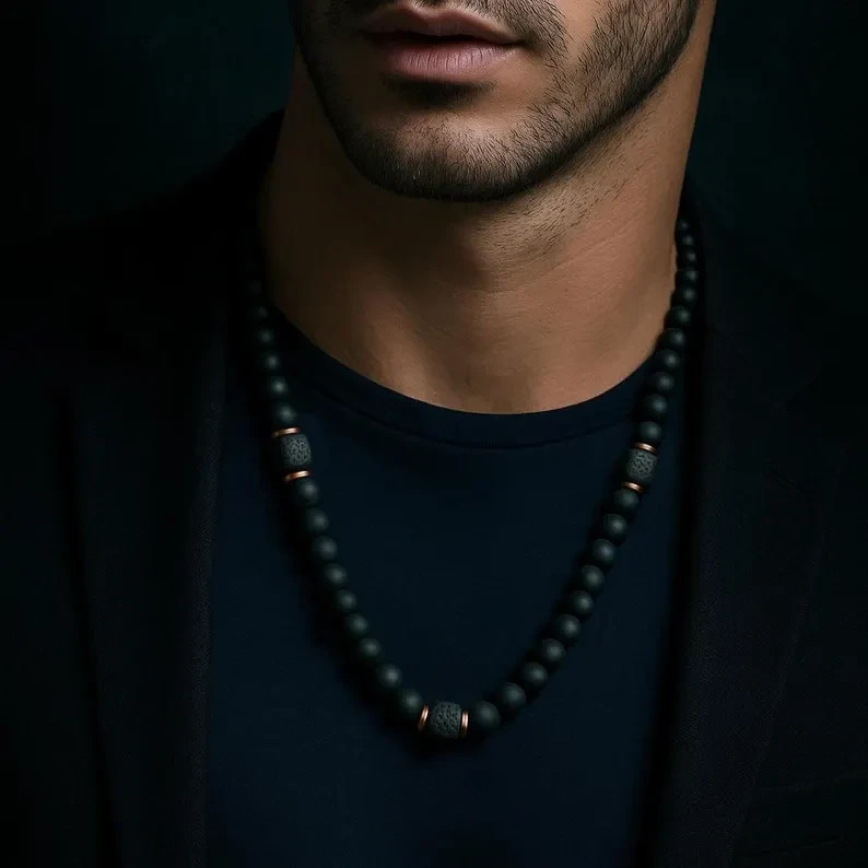 Matte Black Onyx Lava Rock Beaded Necklace 10mm Natural Stone Mens Mala Jewelry