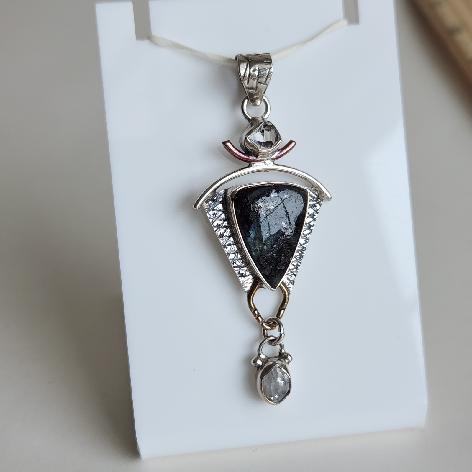 Sterling Silver Black Moss Agate Pendant 925 Artisan Mixed Metal 5.3g