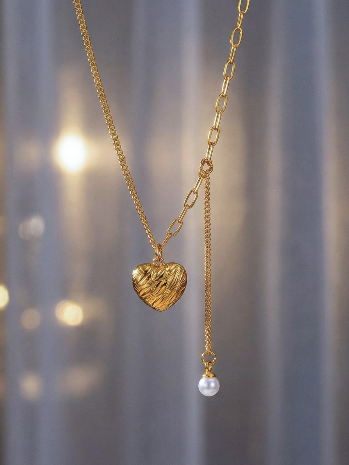 18K Gold Plated Stainless Steel Heart Pendant Faux Pearl Drop Necklace
