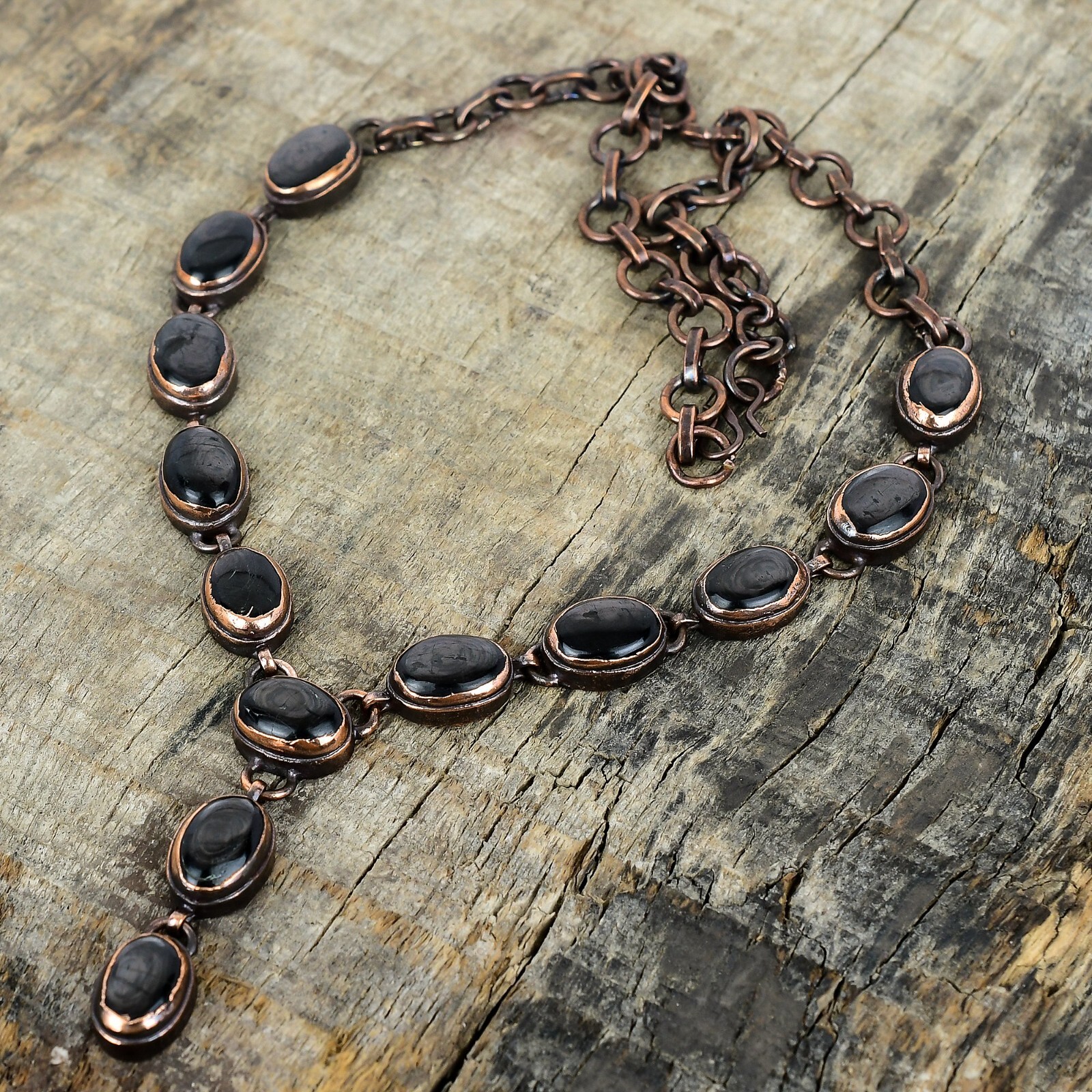 Copper Oval Hypersthene Gemstone Chain Wedding Electroformed Engagement Necklace