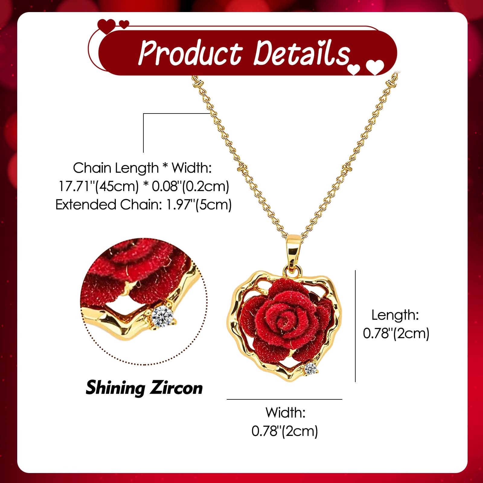 Valentine’s Day Women’s Red Velvet Rose CZ Pendant Promise Necklace ldeal Gift
