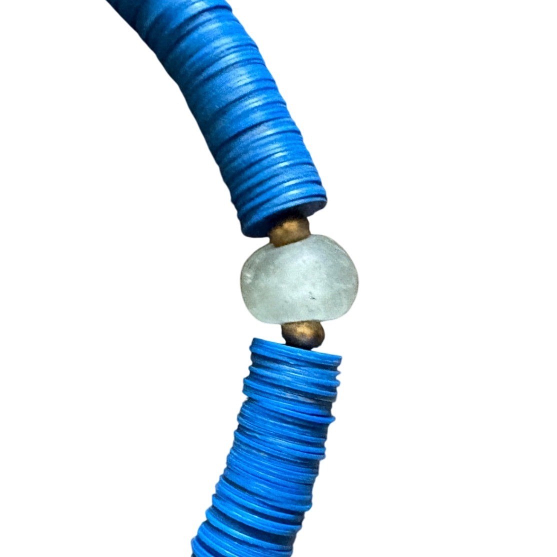 Blue Heishi Bead Necklace Wood Letter Z Frosted Glass Bell Charm Boho Coastal
