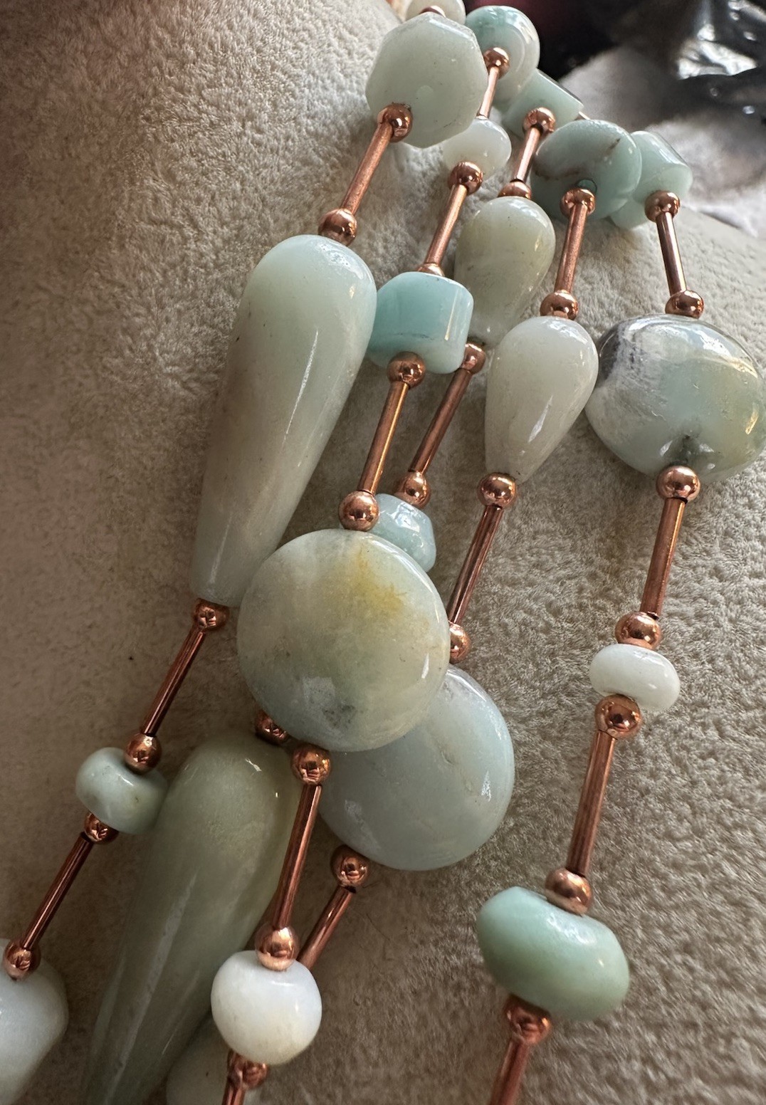Multi Strand Amazonite Green Gem Stone Lg. Bead Aqua copper Necklace Balance