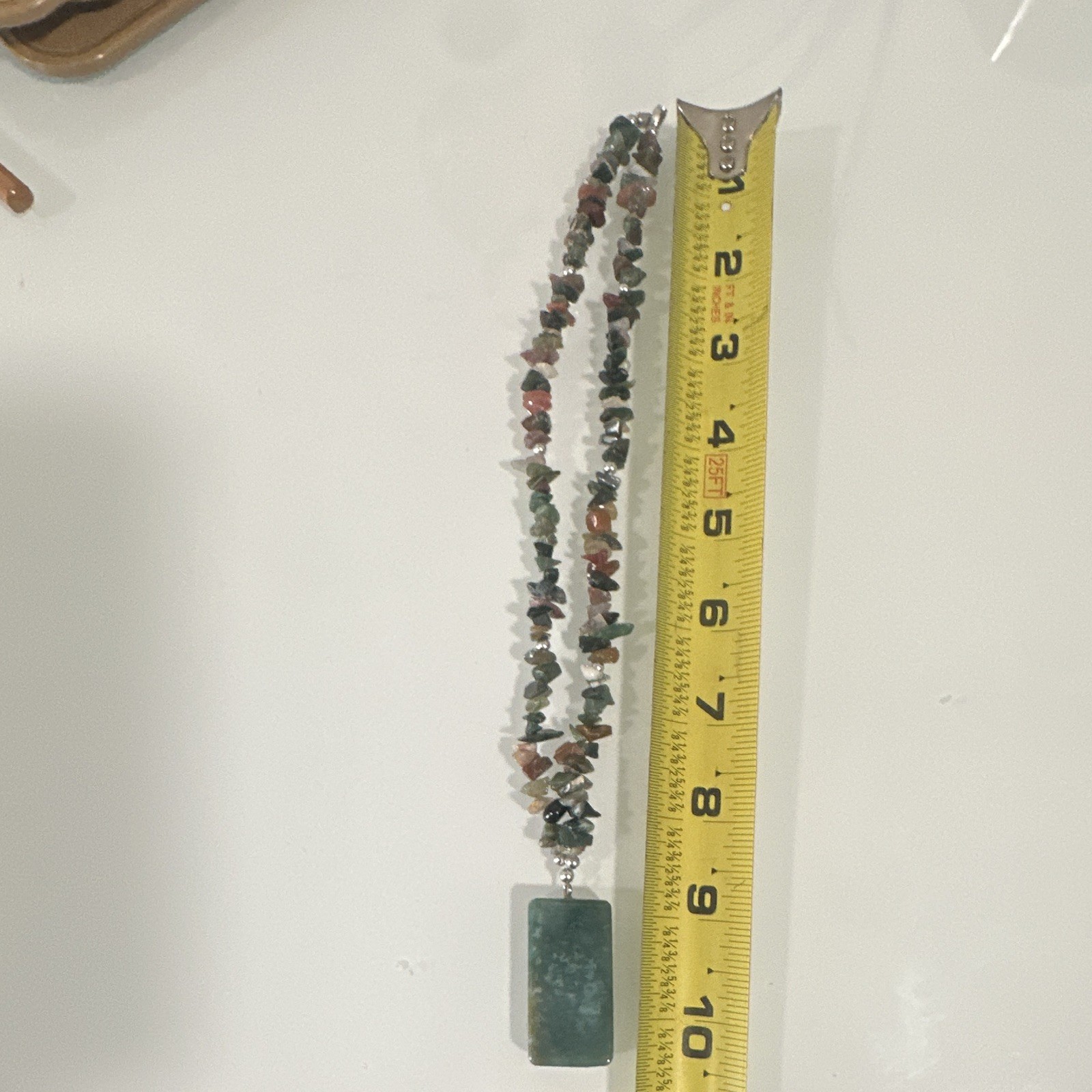 Vintage Fancy Jasper Gemstone Chip Necklace Green Slab Pendant Boho