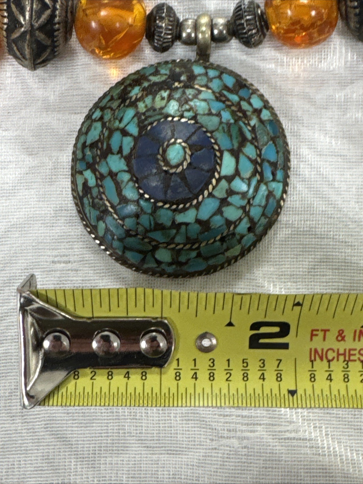 Vintage Bohemian Multi Color Necklace Tibetan Resin Amber with Turquoise Pendant