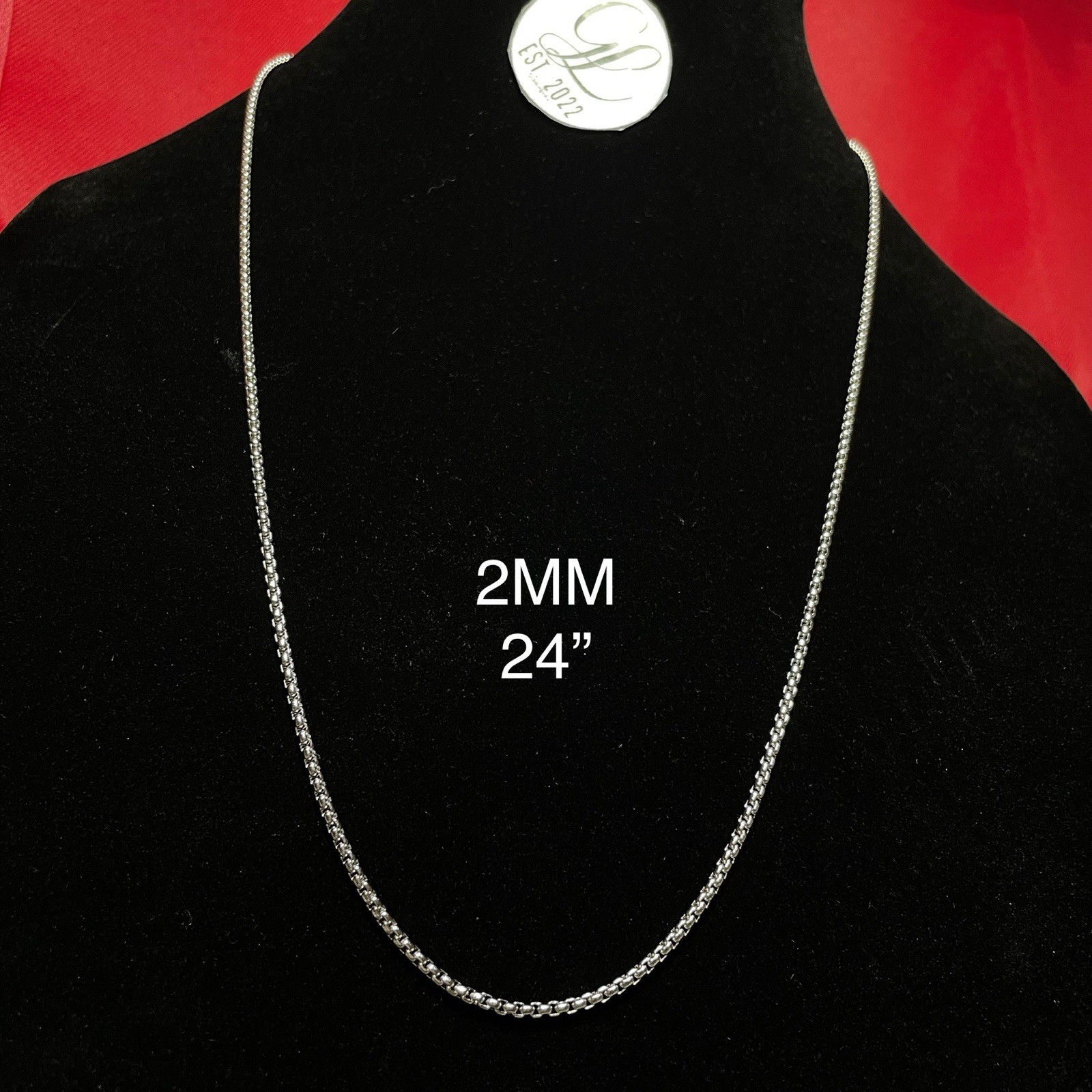 14K White Gold Steel Round Box Necklace Stainless Steel Rolo Chain 2MM 24 Inch