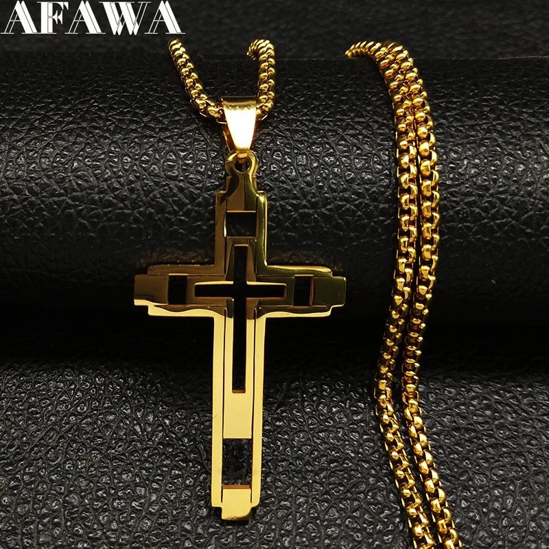60cm Gold Stainless Steel Cross Necklace for Men Mens Chain Pendant Jewelry Gift