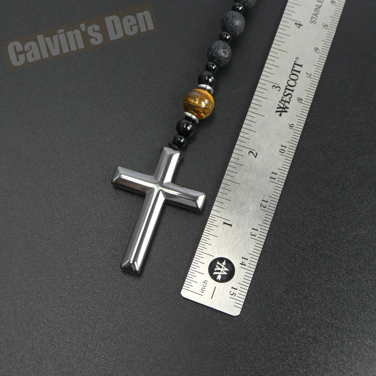 Lava Stone Tiger Eye Black Onyx Black Hematite Cross Rosary Necklace Men Gift