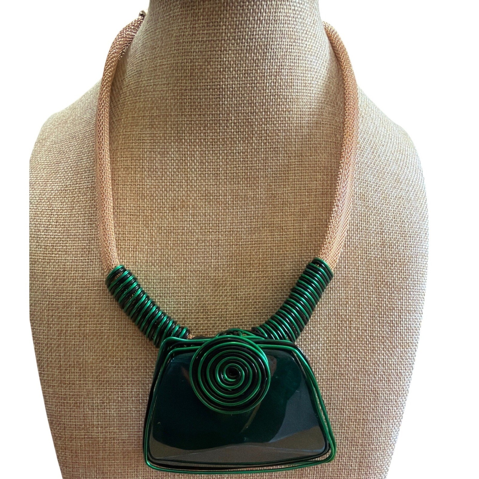 Statement Bib Necklace Emerald Green Wire Wrap Spiral Gold Mesh Chain Modern