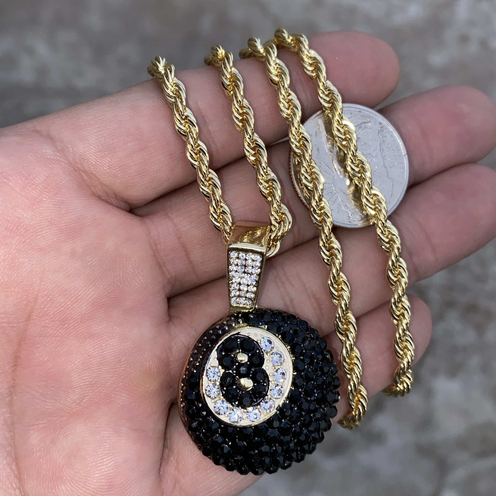 14k Gold Plated Black 8 Eight Ball Rope Chain Pool Simulated CZ Necklace 24″ in