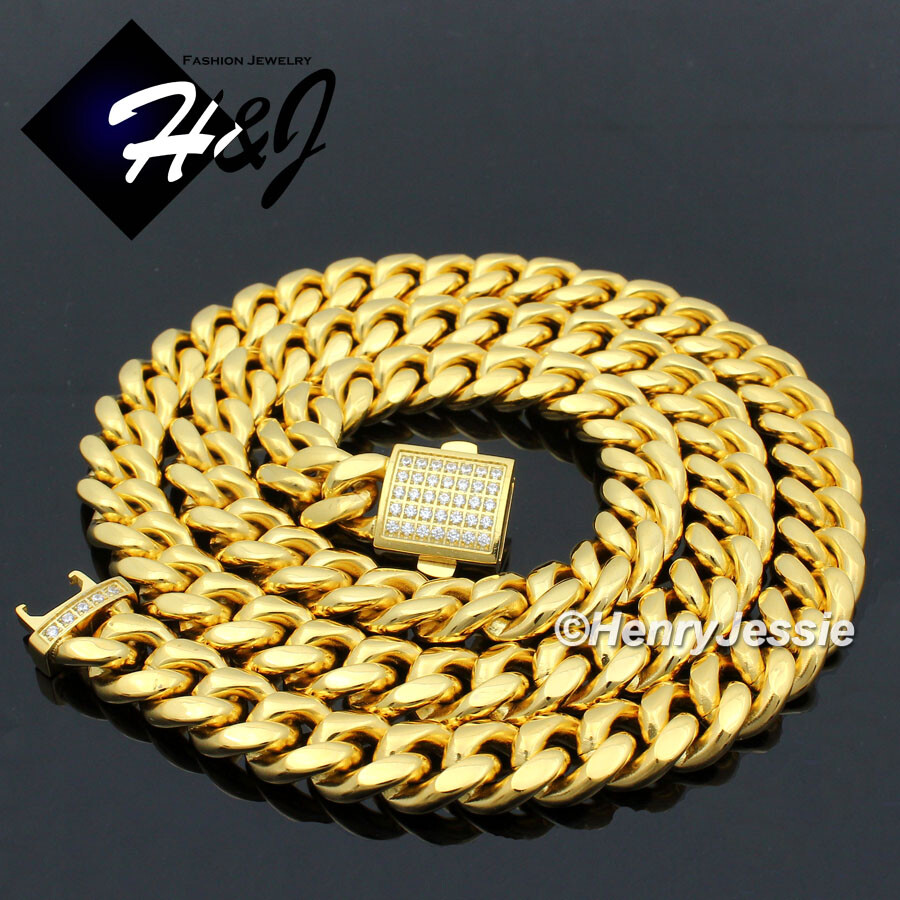 18″-40″Stainless Steel 7/10/12mm Silver/Gold Plated CZ Cuban Curb Necklace*N165