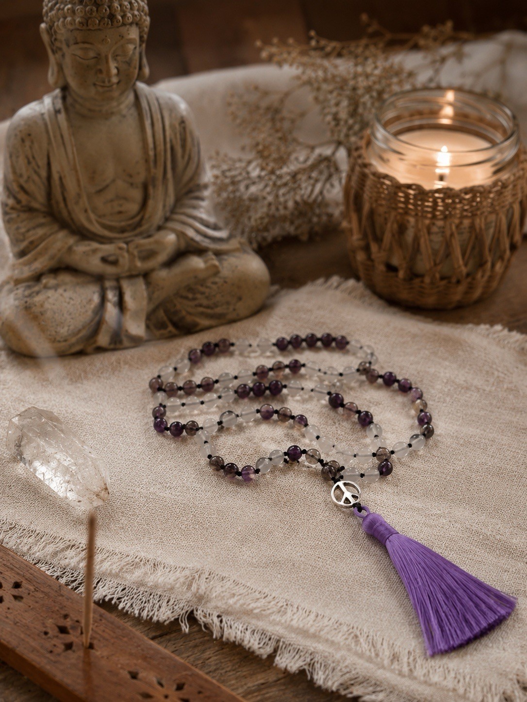 Amethyst & Clear Fluorite Mala Necklace | Spiritual Yoga Jewelry