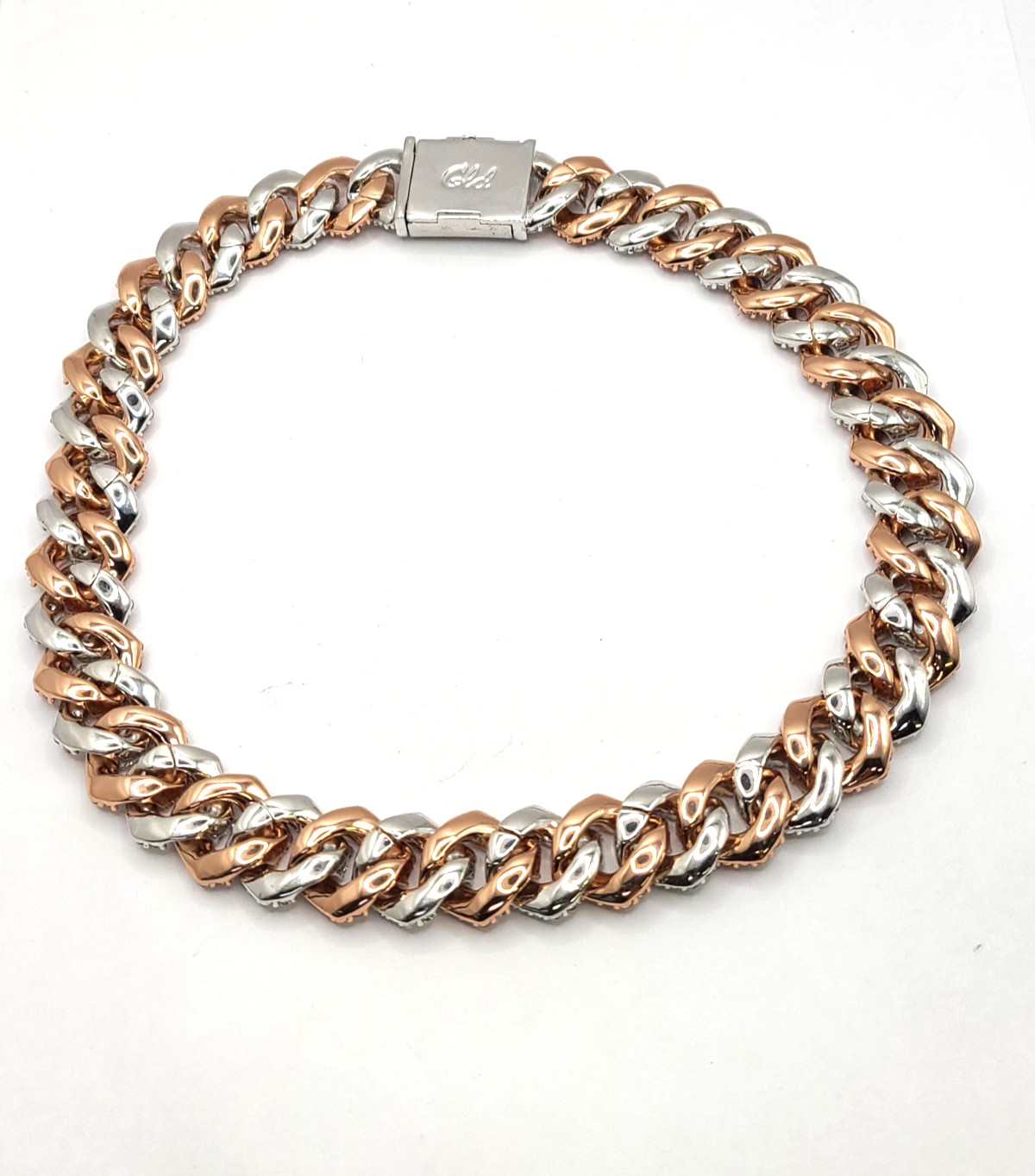 GLD Iced Prong Pink/White Rose Gold 19mm Cuban Chain Link Necklace 18″