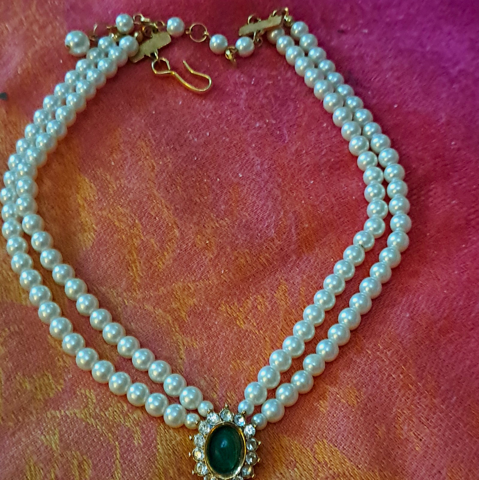 Double Strand Faux Pearl Beaded Necklace, Green Oval Charm Pendant, Gold Tone