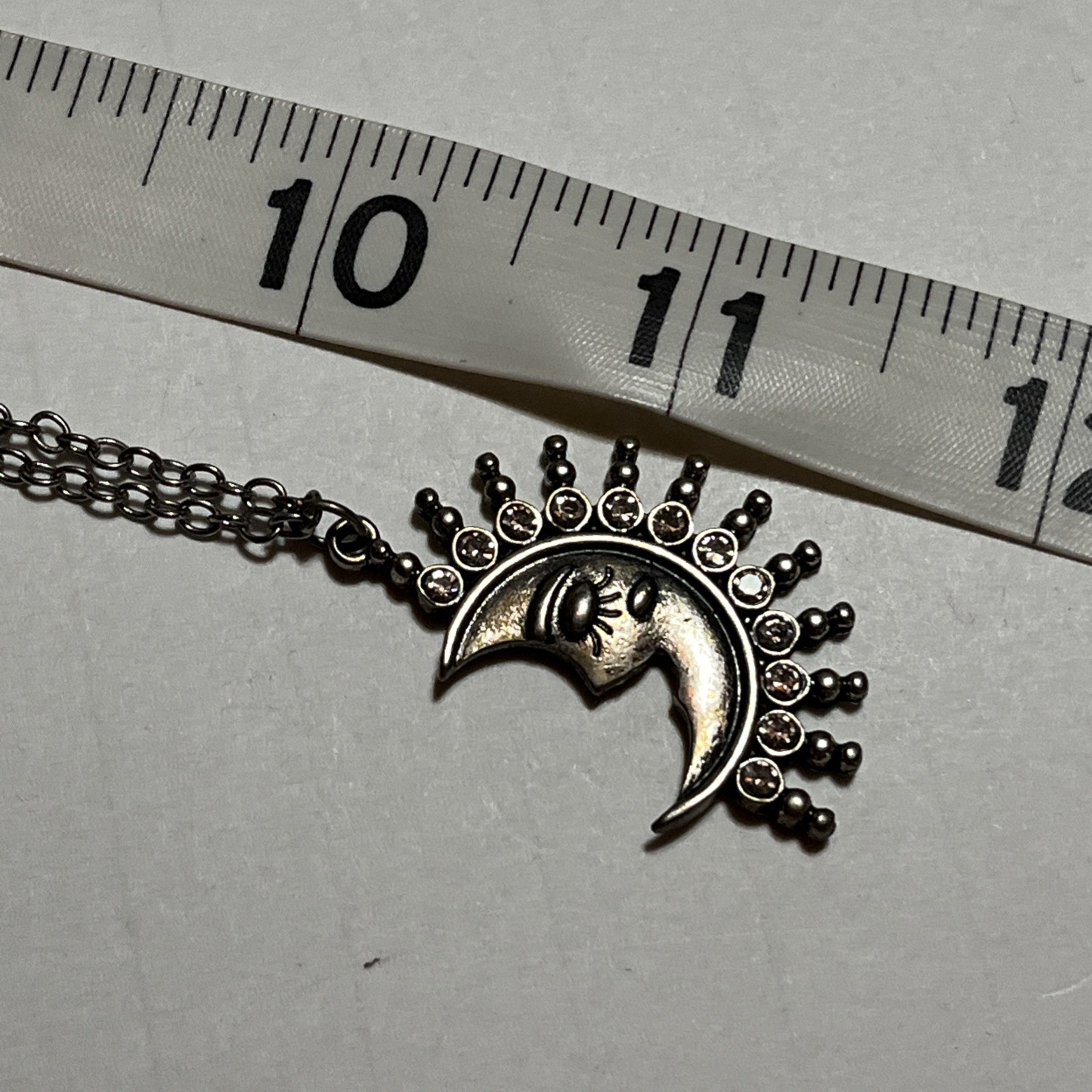 Silver Tone Half Moon Face Celestial Pendant Necklace 22”