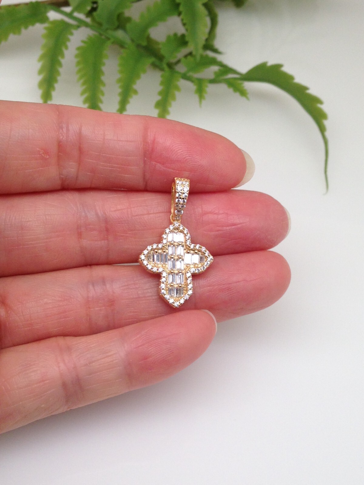 925 Sterling Silver Clover Cross Baguette CZ Gold Pendant Women 17mm0.67″/28mm