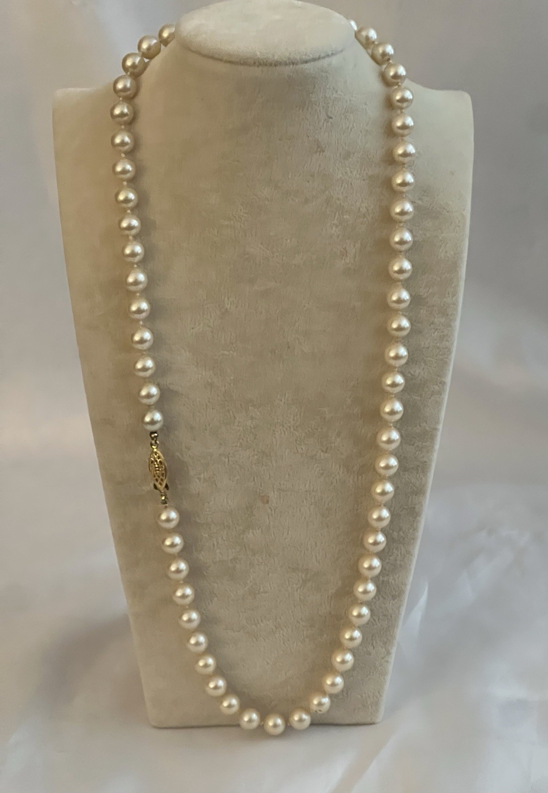 Faux 15mm Pearl Single Strand Clasp Marked Japan 24″ Length
