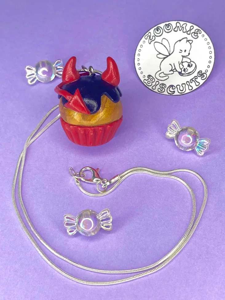 Devil horns demon cute cupcake necklace handmade (polymer clay) retro and unique