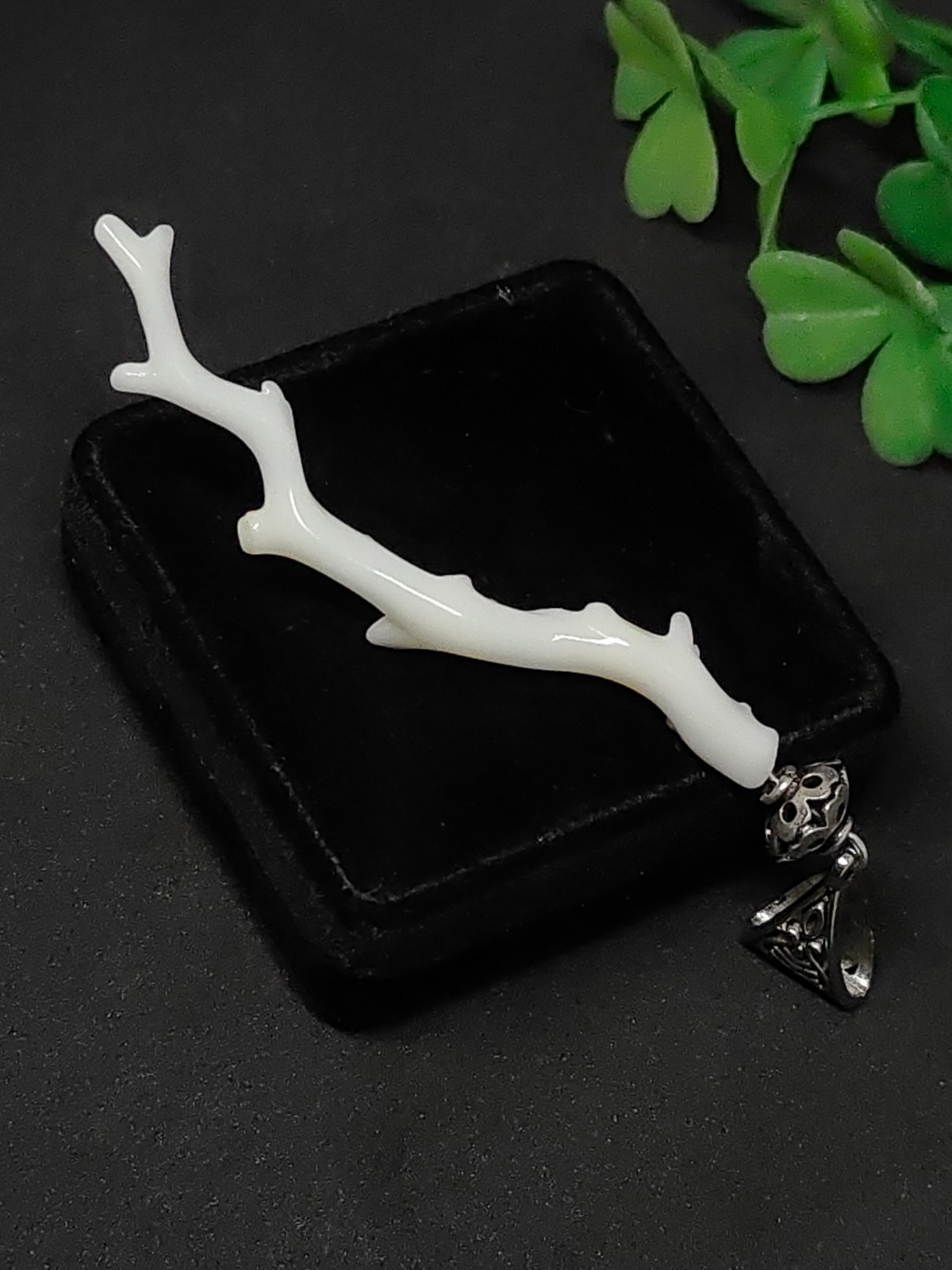 Milky White Coral Pendant, Silver Brass Handmade Vintage Jewelry
