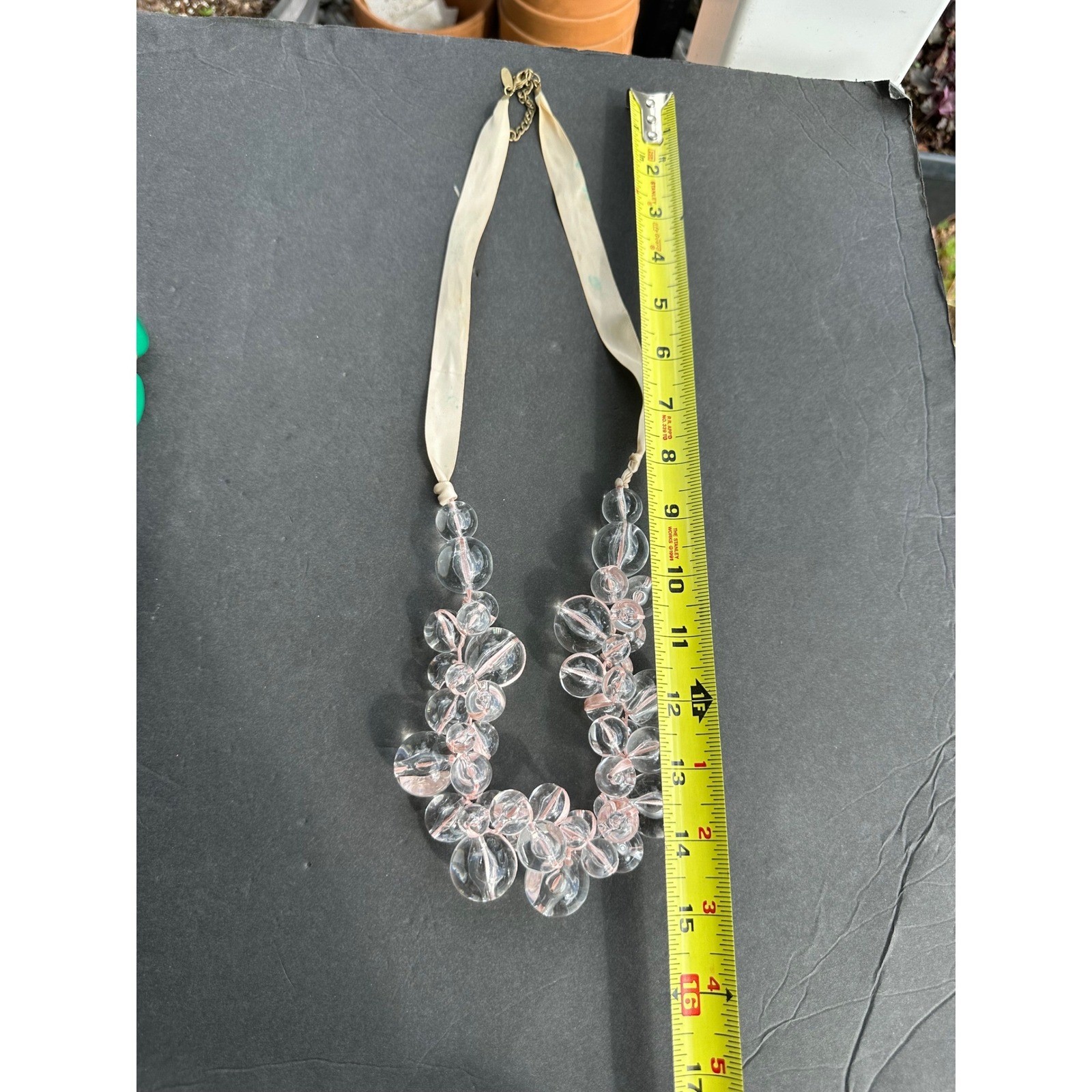 Avenue Women Clear Pink Bubble Bead Statement Necklace Ribbon Strap Gold Tone