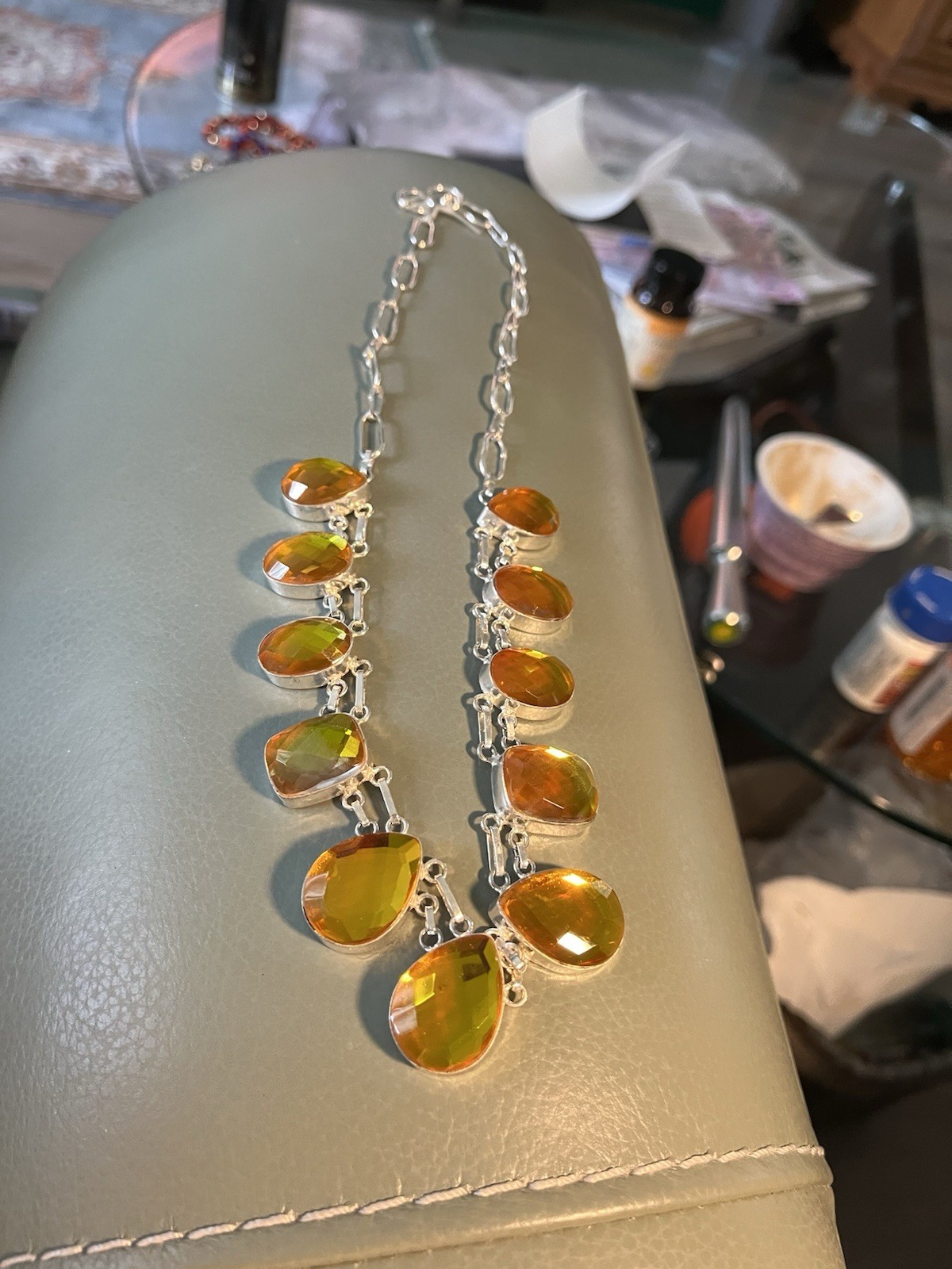 Necklace Fantastic 20” Gold Stones In Silver Pl Metal. FAB
