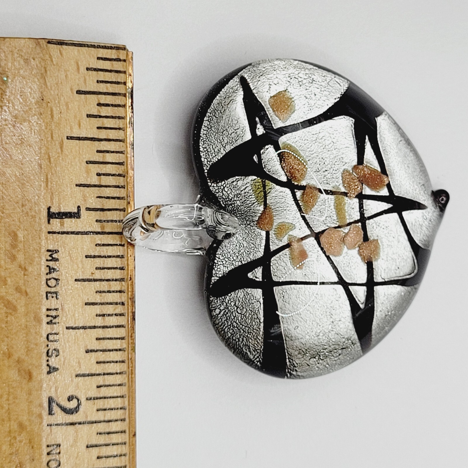 Artisan Modern Art Glass Heart Pendant Silver Black Gold Color Foiled Glitter