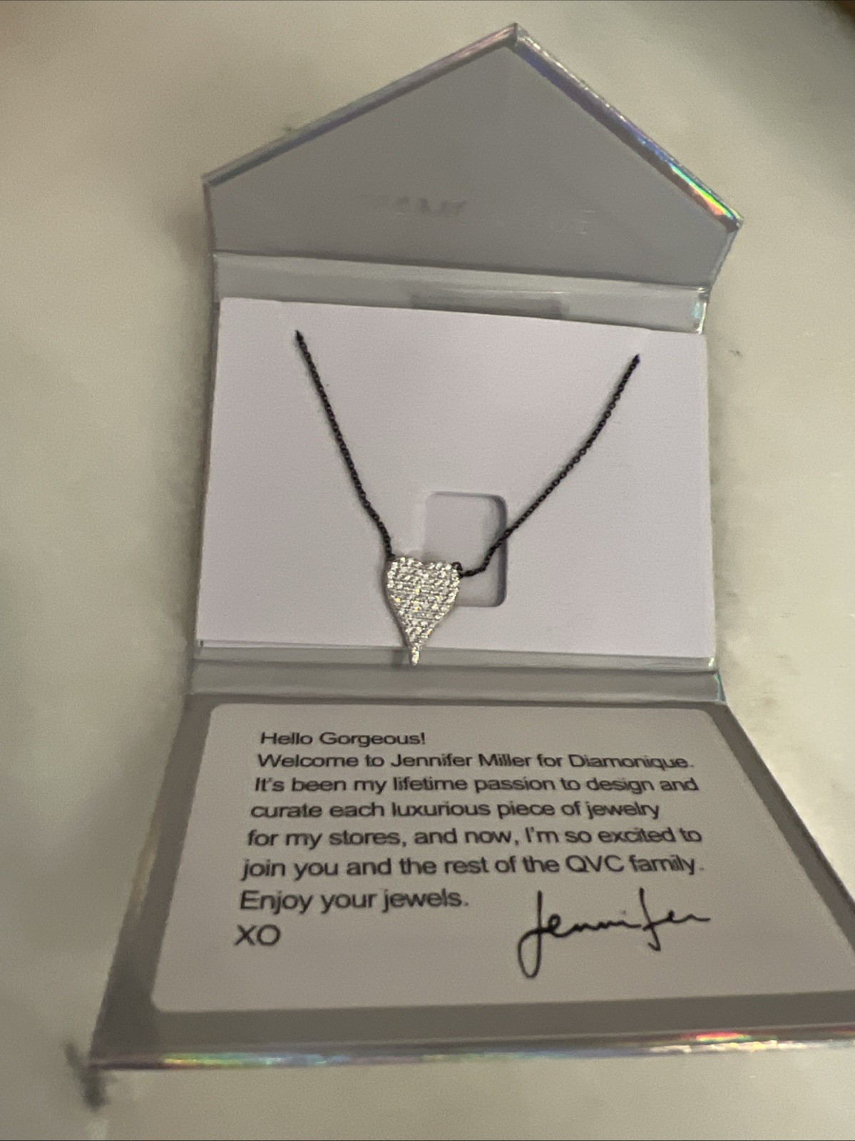 New Diamonique Jennifer Miller Pave Heart Necklace Sterling Silver 16” 4”