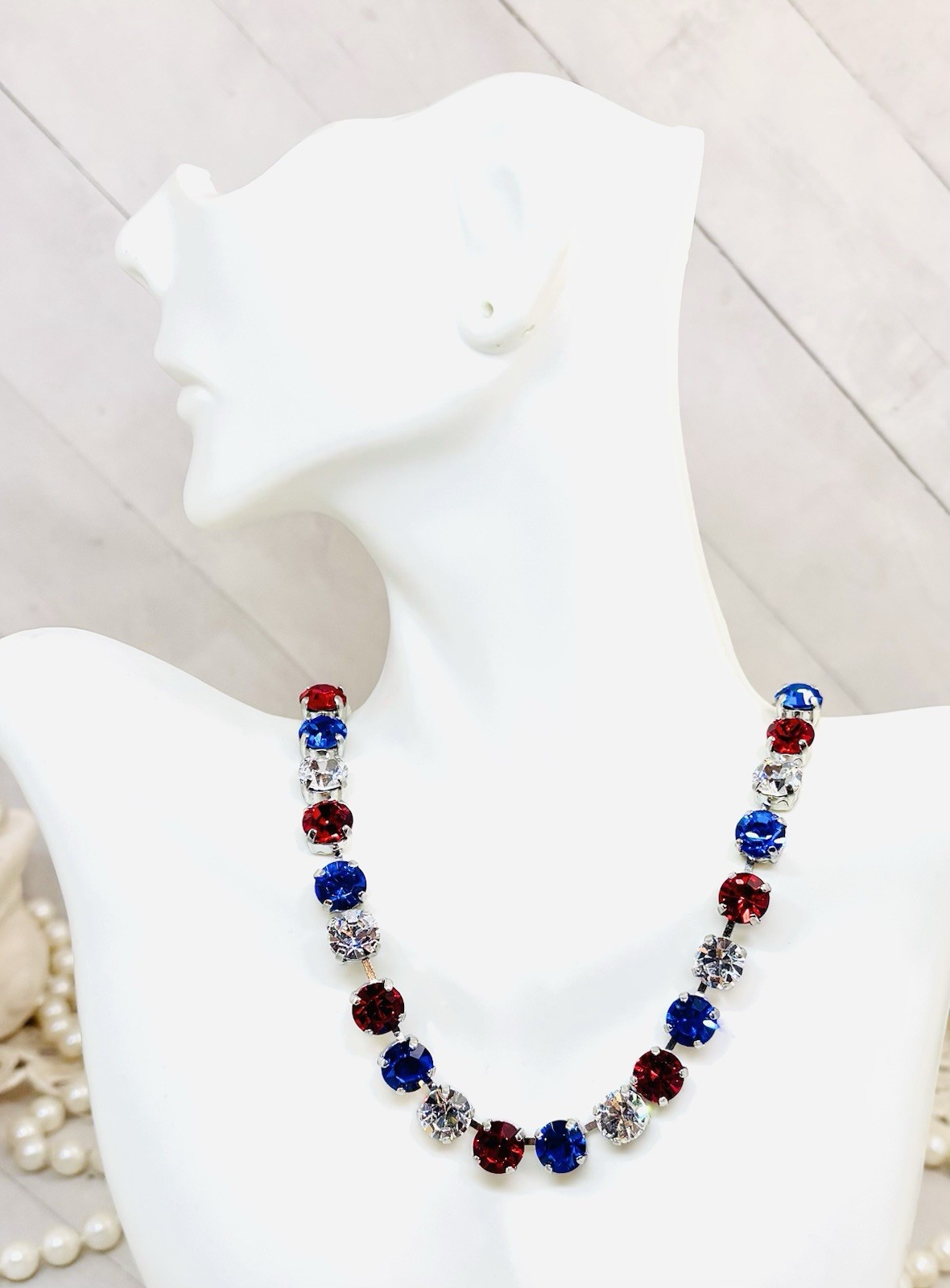 Shiny Silver Plated Patriotic Red, White, and Blue Crystal Cup Chain Necklace
