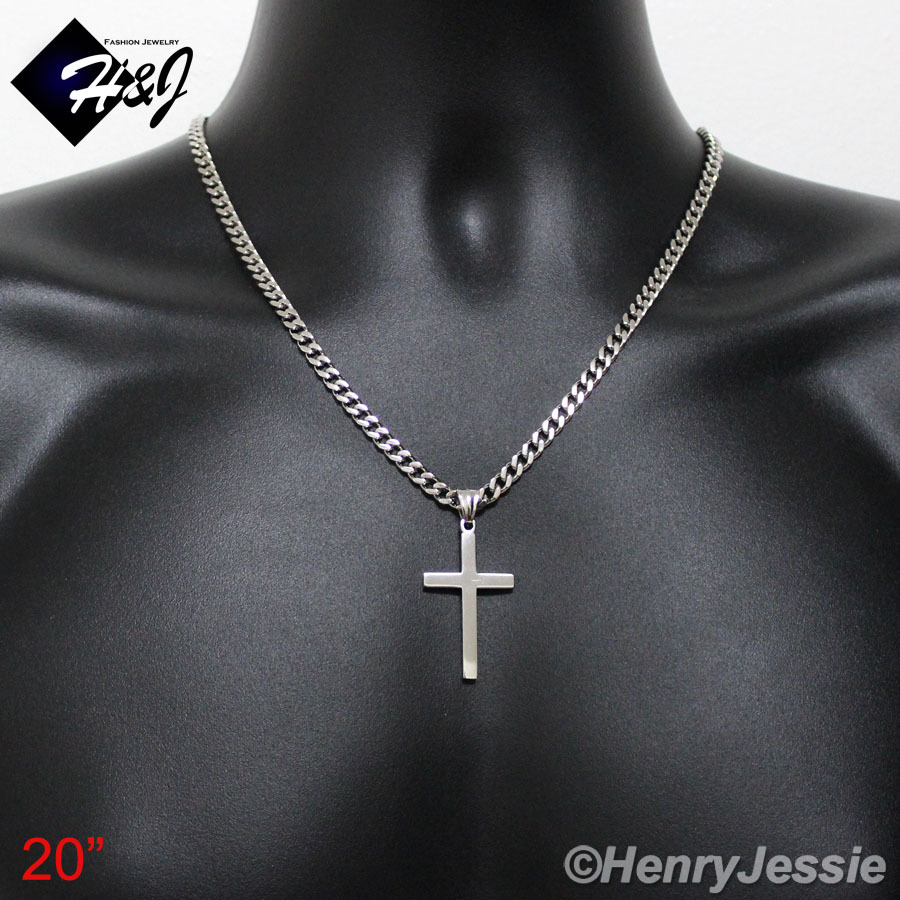 18″-36″MEN Stainless Steel 5mm Silver Cuban Curb Chain Necklace Cross Pendant*P