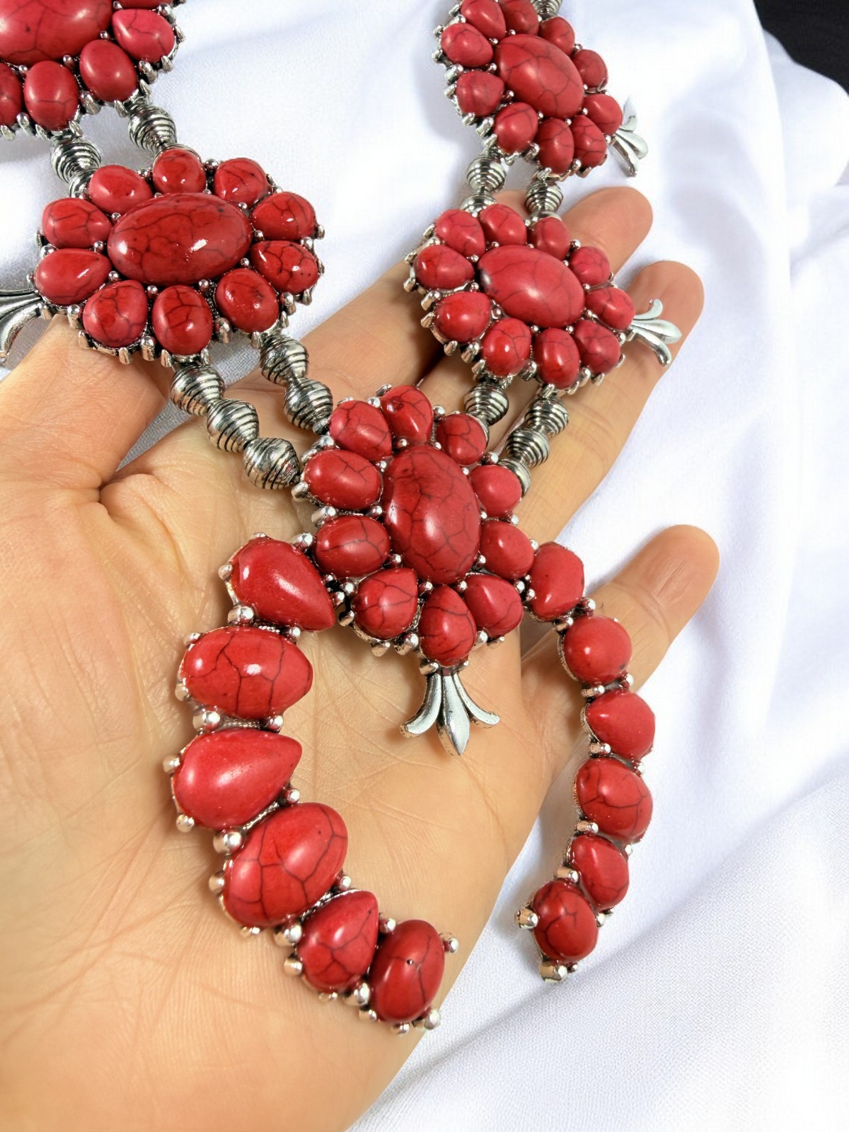 Western Summer Red Faux Turquoise Squash Blossom Statement Necklace & Earrings