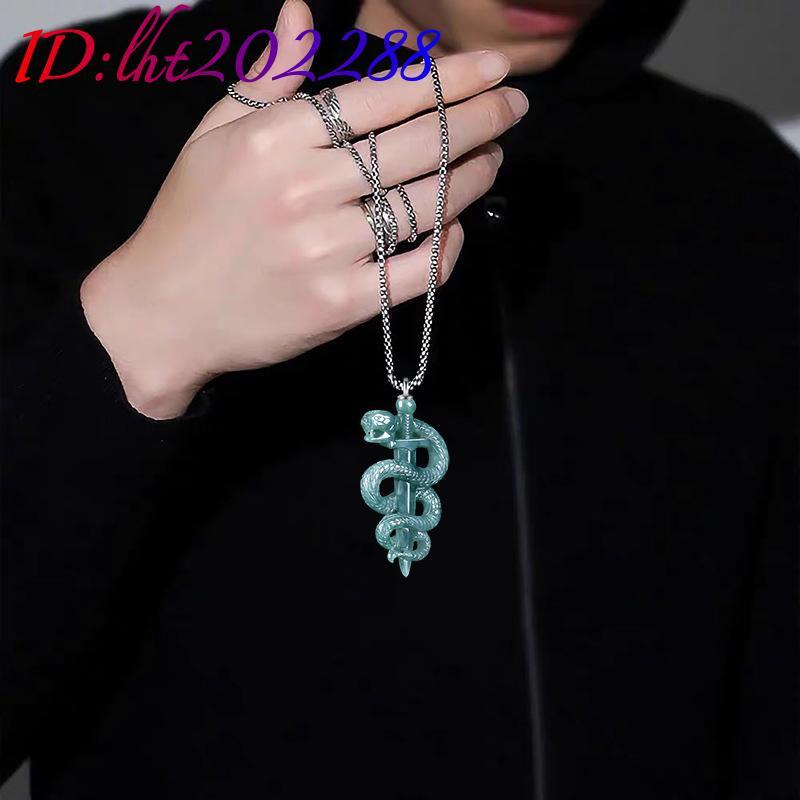 Blue Myanmar Jadeite Snake Pendant Necklace 925 Silver Burmese Jade