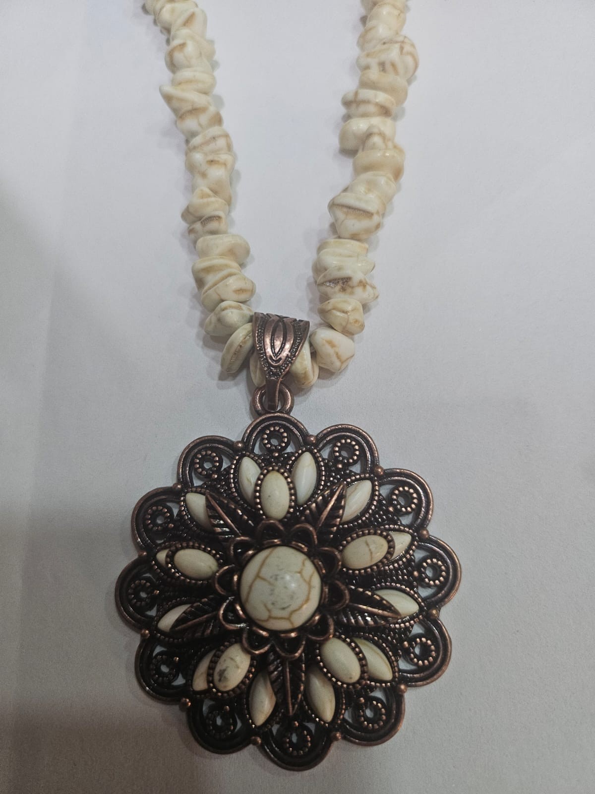 Boho White Stone Beaded Necklace with Vintage Floral Pendant Statement Jewelry
