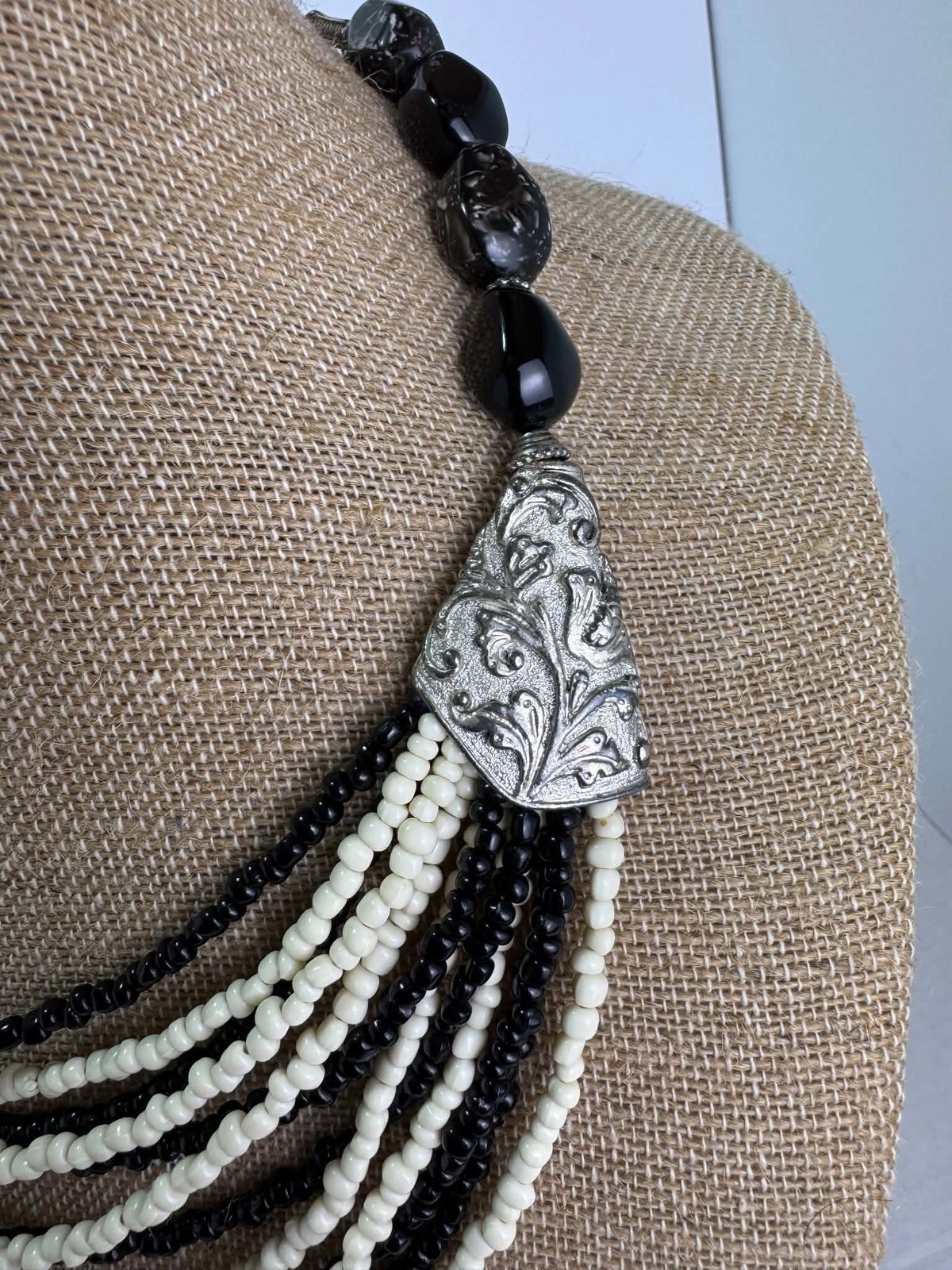 Chic Black White Multi-Strand Beaded Statement Necklace Silver Tone Accents
