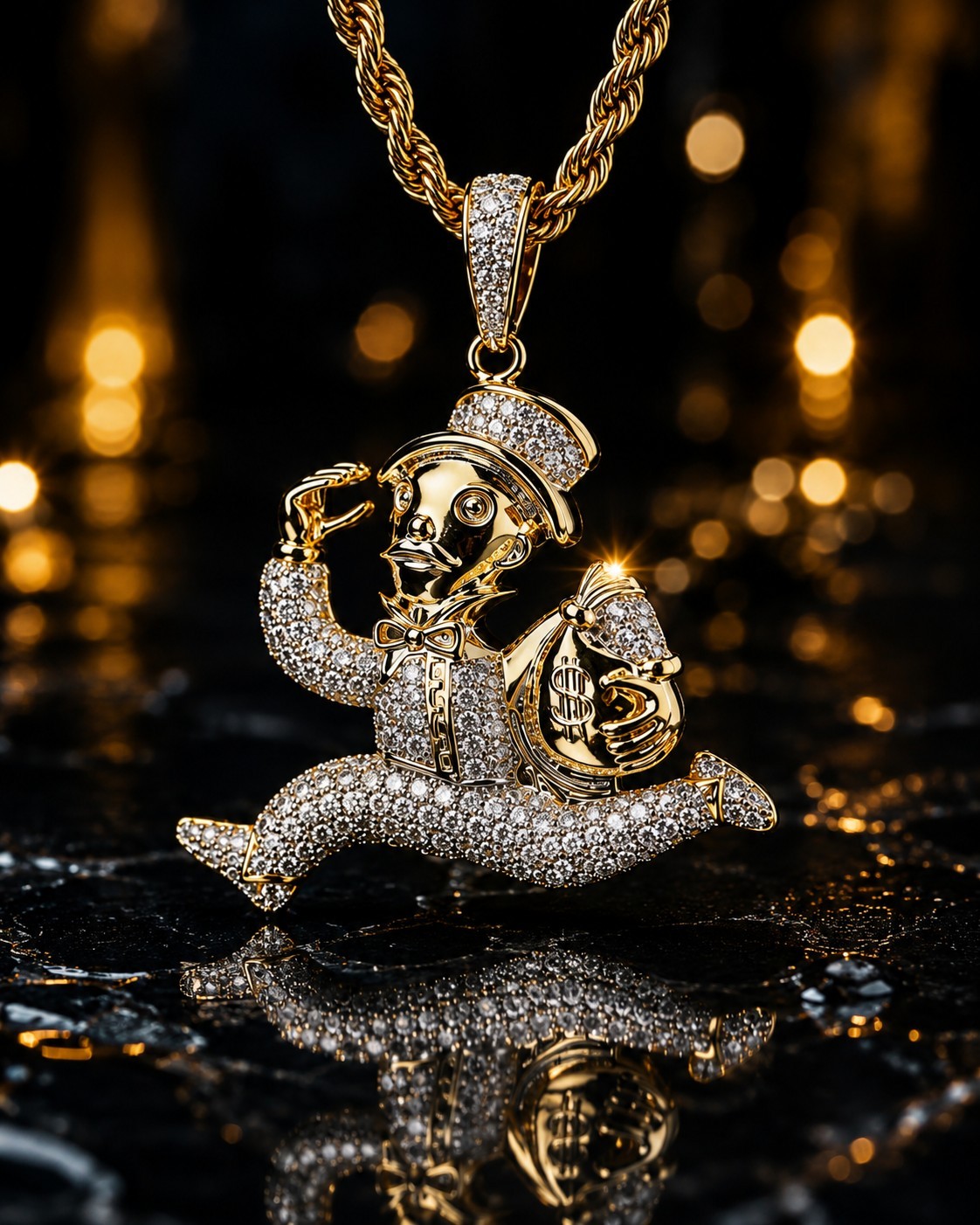 Gold Tone Monopoly Style Money Bag Pendant Necklace CZ Hip Hop Rope Chain 24″
