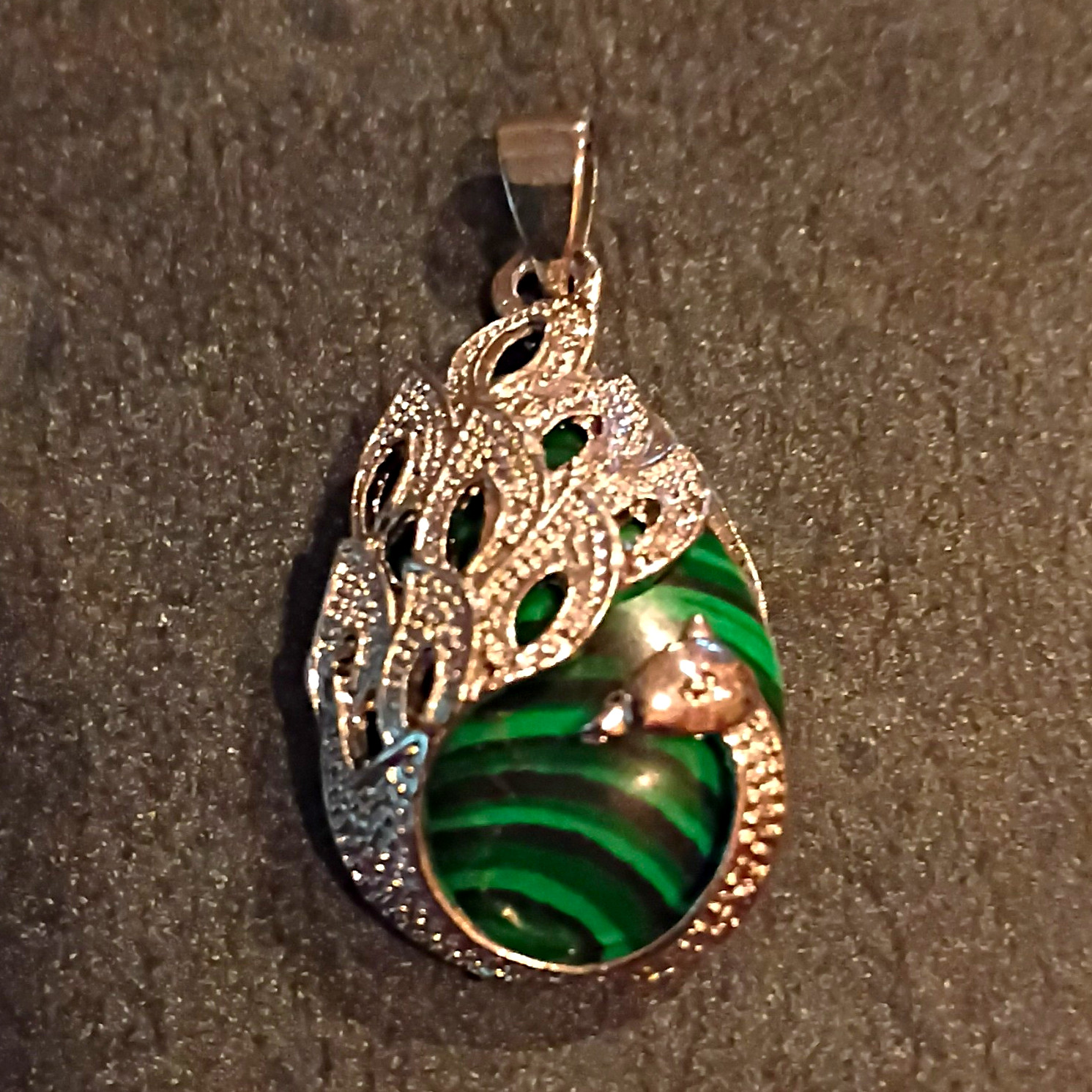 Teardrop Malachite Stone Charm Pendant Silver Tone Bezel Setting w/ Bail