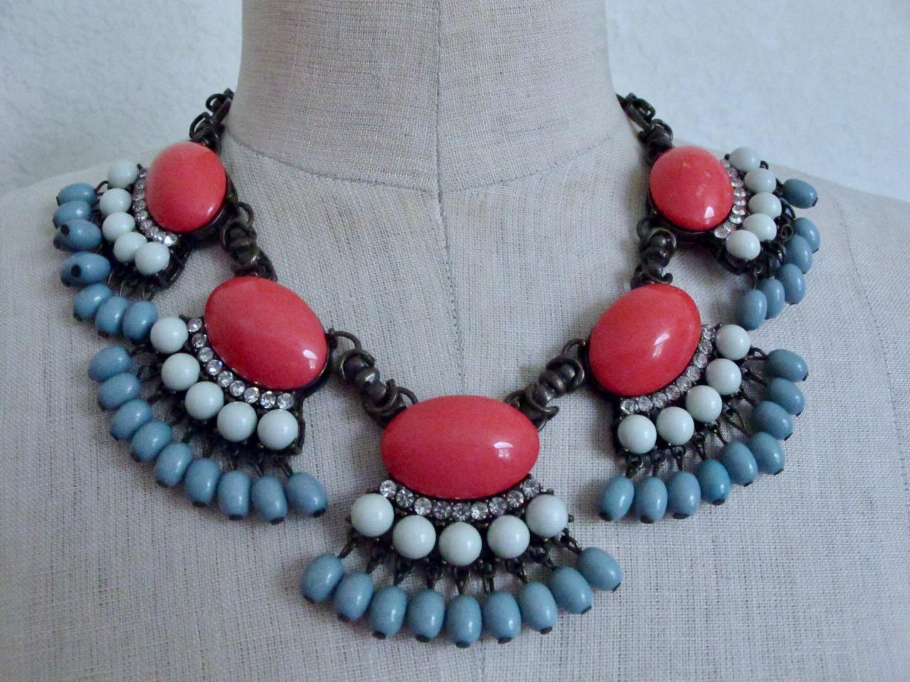 J. Crew Statement Fan Fringe Necklace Blue Coral Orange Beads Rhinestones