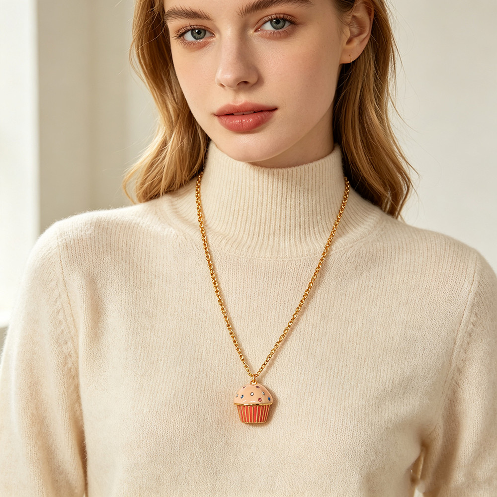 Hand Enamel Rhinestone Cupcake Long Necklace 18K Gold Plated Brass Sweater Chain