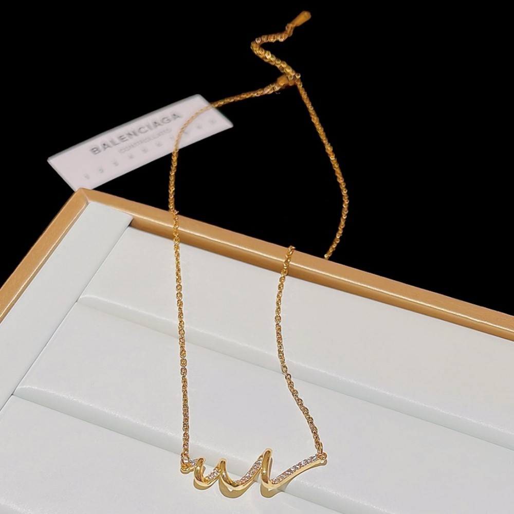 Gold Plated Wave Heartbeat Pendant Tiny Paved CZ Thin Chain Clavicle Necklace