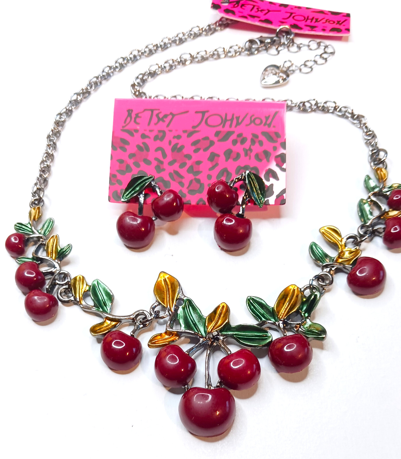 Sweet Red CHERRY Leaf Blossom Choker Betsey Johnson Enamel Necklace Earrings SET
