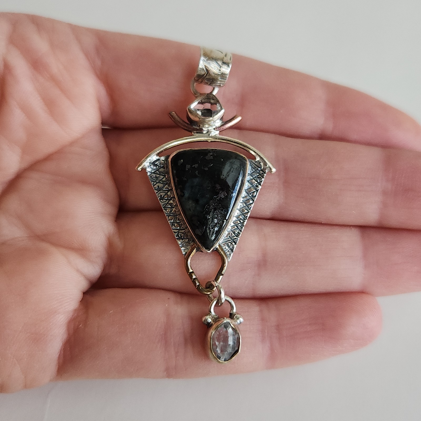 Sterling Silver Black Moss Agate Pendant 925 Artisan Mixed Metal 5.3g