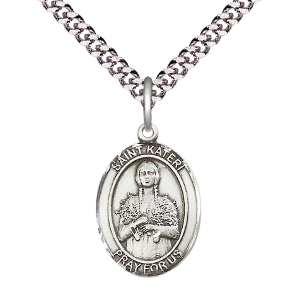 Medium Sterling Silver Saint Kateri Medal Pendant 24″ Endless Chain Necklace