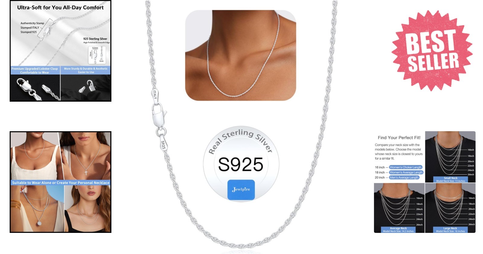 Versatile 1.5mm/2mm Silver Rope Chain for Women – Perfect Gift for Any Occasion