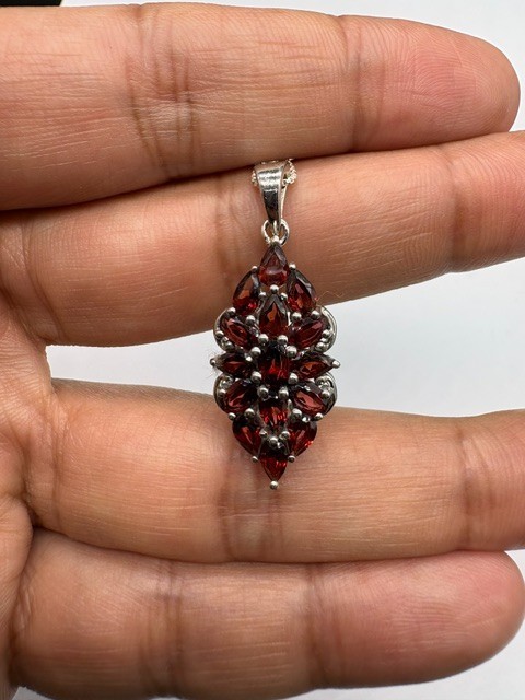 Natural Red Garnet Floral Cluster Pendant, Sterling Silver Statement Jewelry